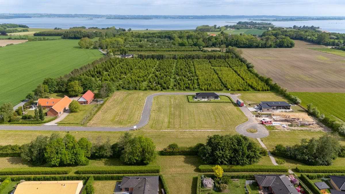 Dronefoto af byggegrunde på Fjordplantagen i Glud